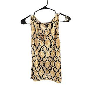 Women’s Tank Top Black Beige Floral Print Gold Ring Detail Size L